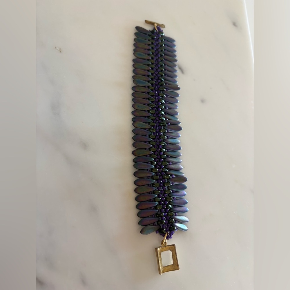 Iridescent Purple Beaded Wide Artisan Statement Shell Bracelet with Gold Accent